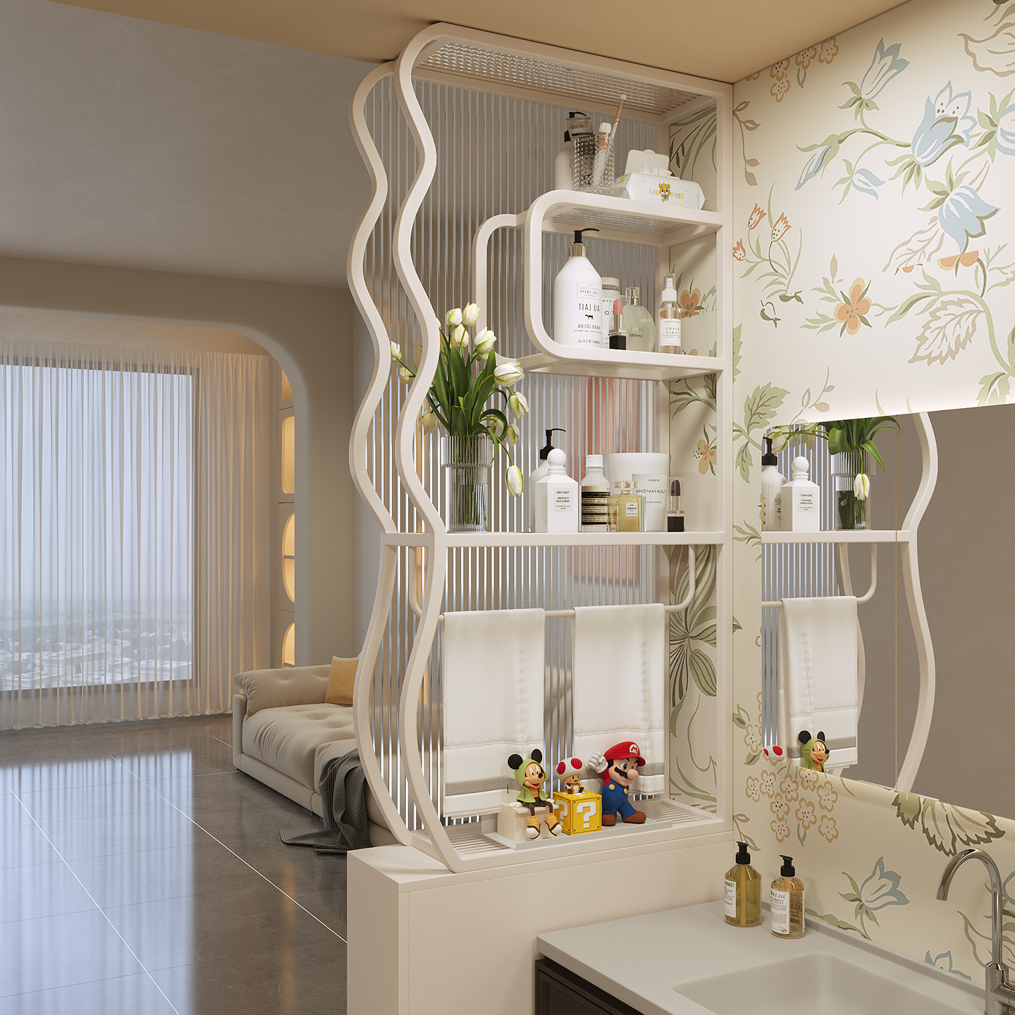 奶油风卫生间置物架隔断屏风