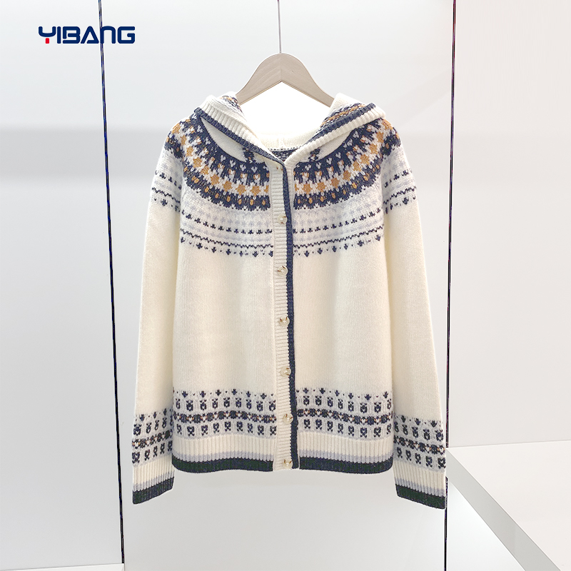 『小山羊绒』重磅厚款青花瓷费尔岛连帽开衫针织外套女装时尚上衣