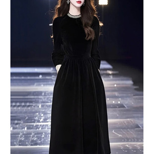 黑色丝绒长袖 重要场合阔太太洋气高贵大方得体 连衣裙子 女装 秋季