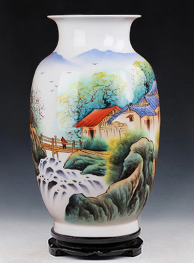名家胡慧中作品 景德镇陶瓷器花瓶 高档收藏瓷手绘粉彩山水瓶摆件