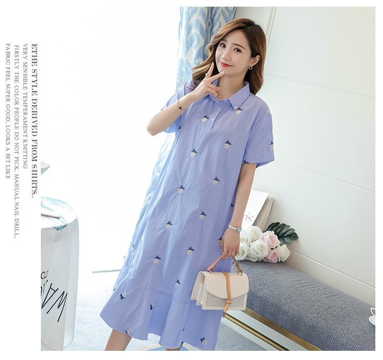 여름 새 스타일 한국 대형 출산 착용 얇은 섹션 출산 롱 스커트 셔츠 임신 복장 플러스 지방 자수 스커트