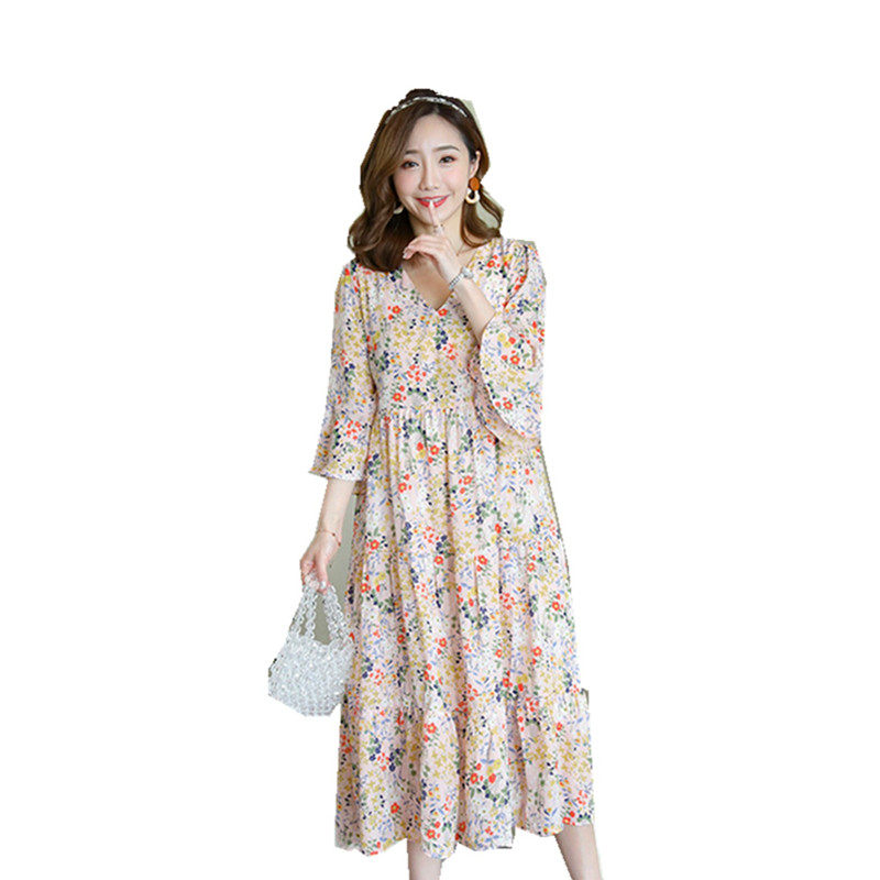 FOREIGN MATERNITY CLOTHES PLUS-SIZE MATERNITY CLOTHES SPRING AND SUMMER LOOSE MID-LENGTH FLORAL DRESS TEMPERAMENT 200 POUND SKIRT