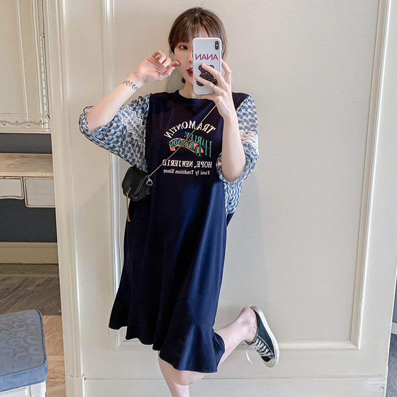 2024 SUMMER CLOTHES NEW KOREAN VERSION OF MATERNITY CLOTHES SLIM MID-LENGTH CHIFFON DRESS FOREIGN SHORT-SLEEVED STITCHED CHIFFON SKIRT