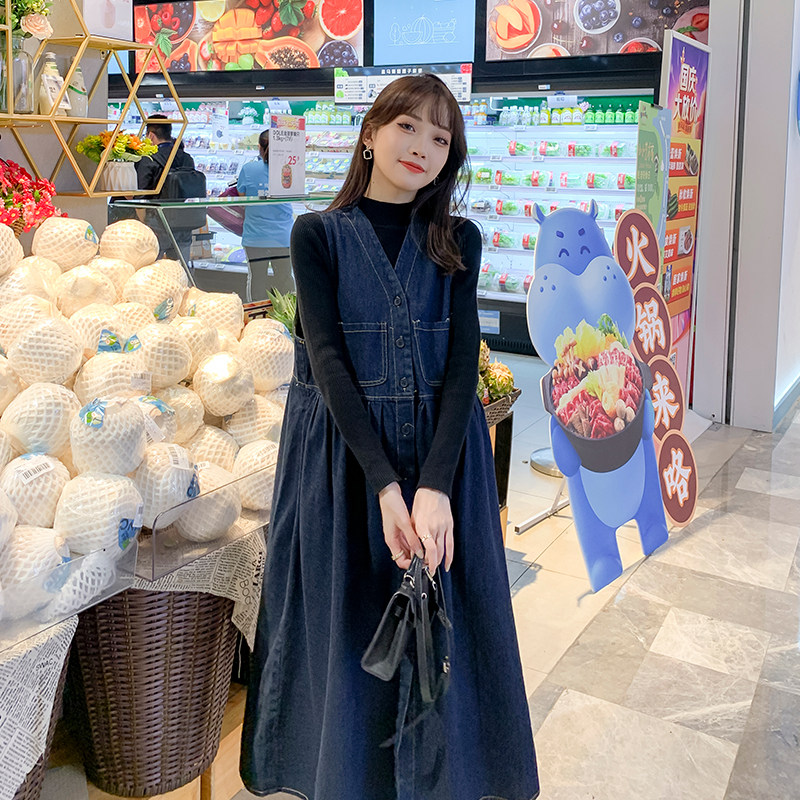 MATERNITY AUTUMN CLOTHES NEW KOREAN VERSION OF THE MID-LENGTH DENIM STRAP SKIRT TWO-PIECE SUIT PLUS SIZE LOOSE SLIM DRESS