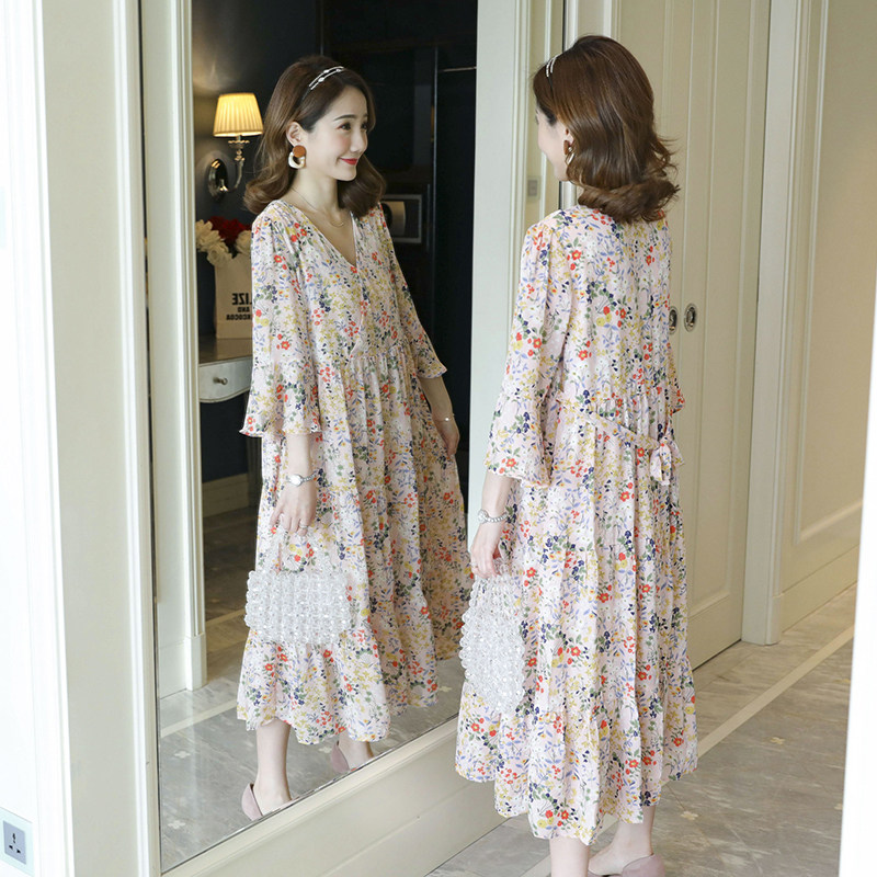 FOREIGN MATERNITY CLOTHES PLUS-SIZE MATERNITY CLOTHES SPRING AND SUMMER LOOSE MID-LENGTH FLORAL DRESS TEMPERAMENT 200 POUND SKIRT