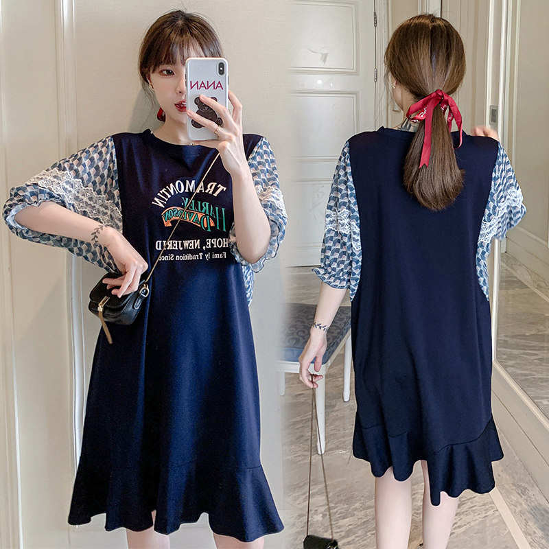 2024 SUMMER CLOTHES NEW KOREAN VERSION OF MATERNITY CLOTHES SLIM MID-LENGTH CHIFFON DRESS FOREIGN SHORT-SLEEVED STITCHED CHIFFON SKIRT