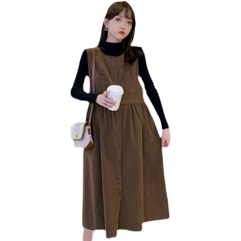 AUTUMN AND WINTER CLOTHES NEW KOREAN VERSION OF MATERNITY CLOTHES LOOSE AND THIN TWO-PIECE SUSPENDER SKIRT TIDE MOM DRESS PREGNANCY SUIT