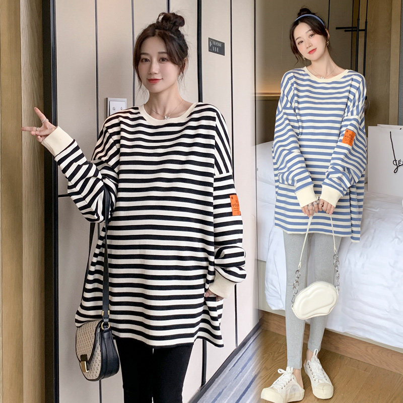SPRING AND AUTUMN CLOTHES THE NEW KOREAN VERSION OF THE MATERNITY CLOTHES LOOSE SWEATSHIRTS FOREIGN SUITS TRENDY MOTHERS STRIPED TOPS THIN BELLY PANTS