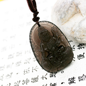 天然冰种黑曜石普贤菩萨吊坠 属龙属蛇守护神本命佛吉祥物