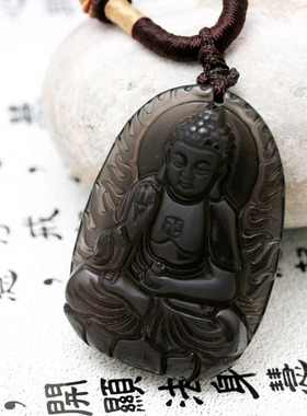 天然冰种黑曜石阿弥陀佛属狗吊坠