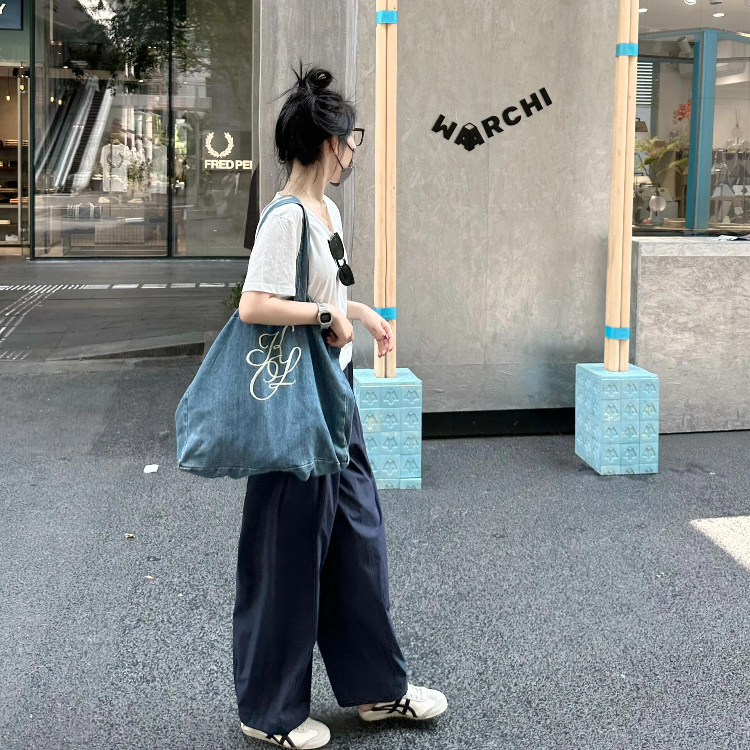 明星同款美式复古牛仔包字母绣花环保帆布购物袋韩系大容量托特包