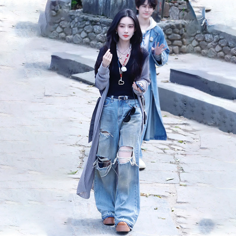 奔跑吧孟子义明星同款破洞阔腿牛仔裤女2025新款设计感拖地长裤潮