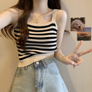 夏内搭外穿法式 黑白条纹冰丝针织吊带背心女2025新款 美背打底上衣