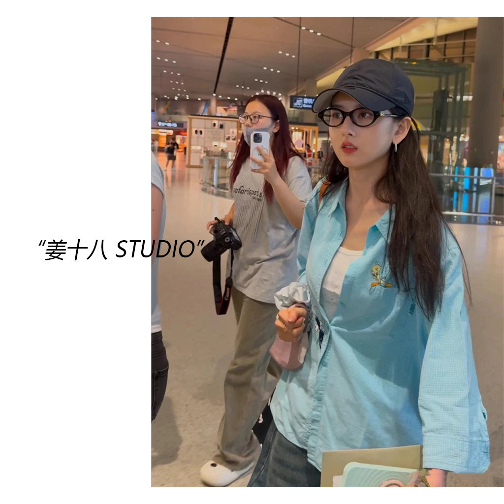 宋祖儿同款蓝色卡通刺绣衬衫上衣女宽松复古休闲七分袖衬衣外套夏