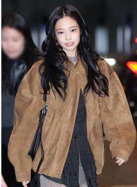 jennie金智妮同款复古麂皮绒机车外套女老钱风高级感宽松夹克上衣