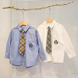 学院风儿童衬衫 带领带男童女童白色衬衣 蓝色衬衣 秋款