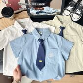 中大童短袖 童装 衬衫 儿童领带短袖 男童学院风衬衣2025夏装