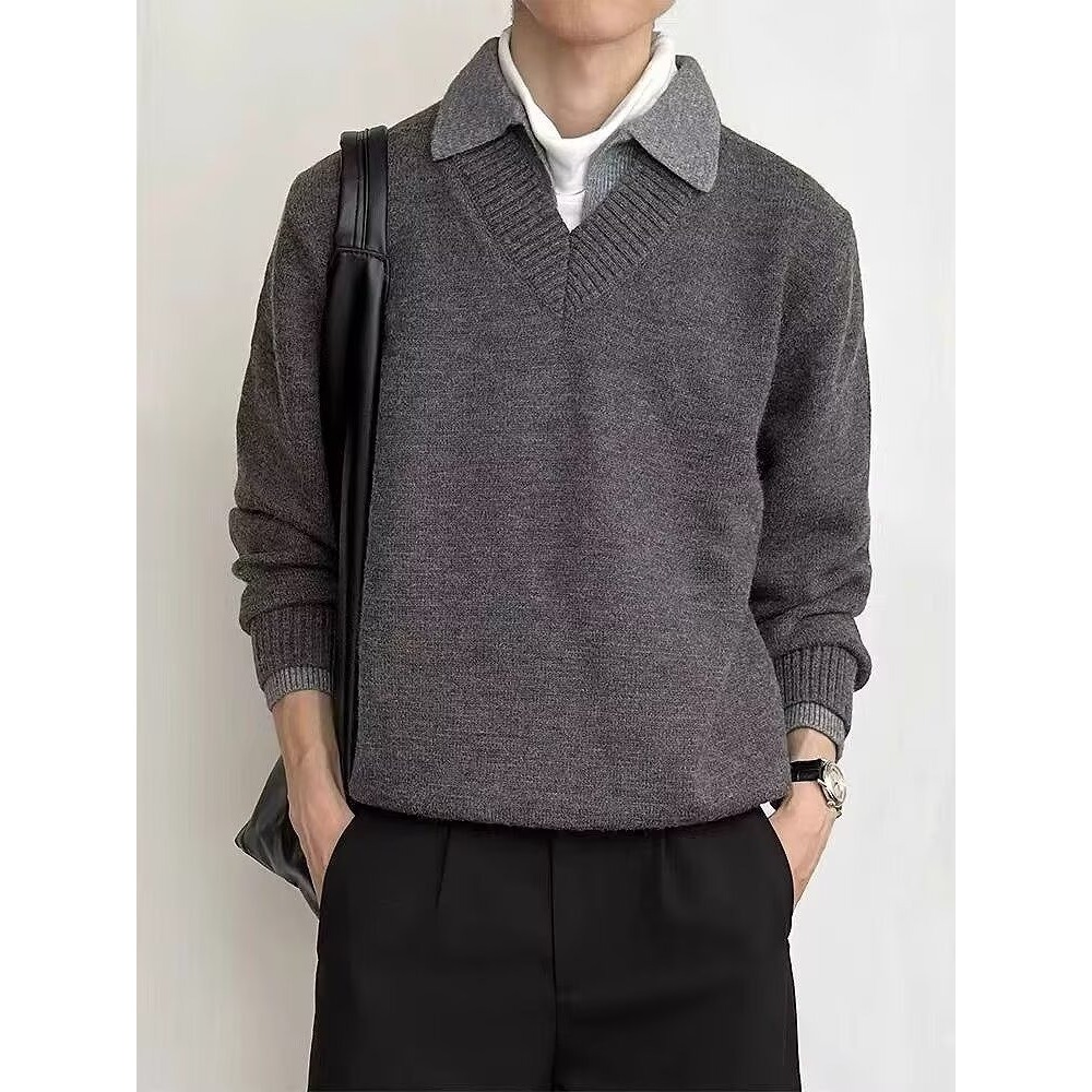 复古假两件V领翻领针织衫