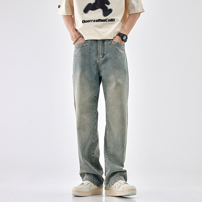 UKTK复古牛仔裤男2024秋季薄款宽松水洗直筒裤子美式高街阔腿长裤