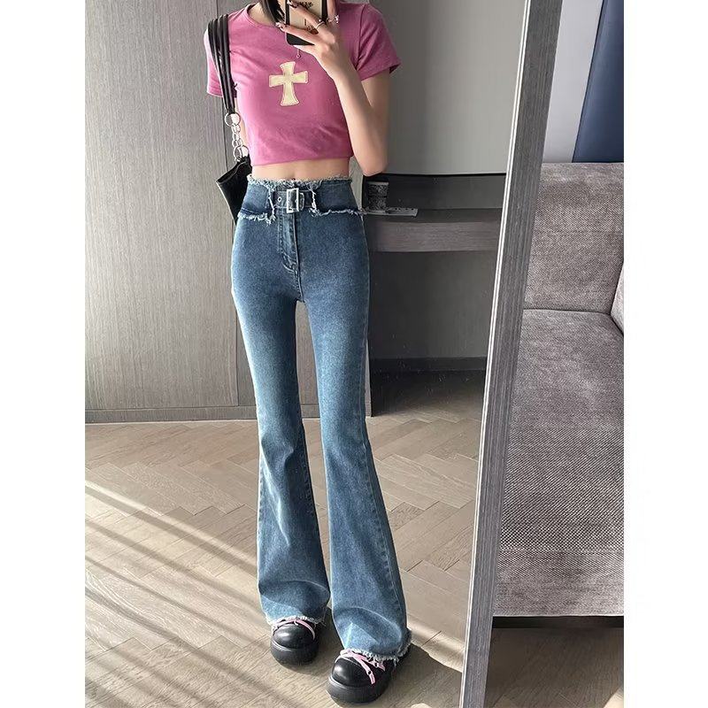 辣妹毛边微喇叭牛仔裤女2025春季新款修身高腰显瘦弹力长裤ins潮