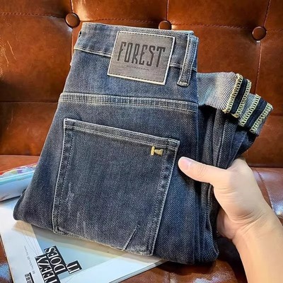 欧洲站高端潮牌深色弹力牛仔裤男夏季薄款重工复古水洗修身直筒裤