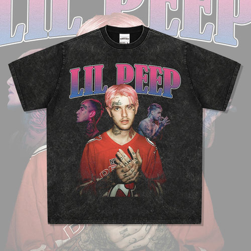 嘻哈lil peep印花高街短袖T恤vintage水洗重磅纯棉圆领连帽卫衣