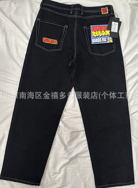 外贸牛仔滑板裤polar黑色big boy潮流新刺绣耐磨直筒宽松明星同款