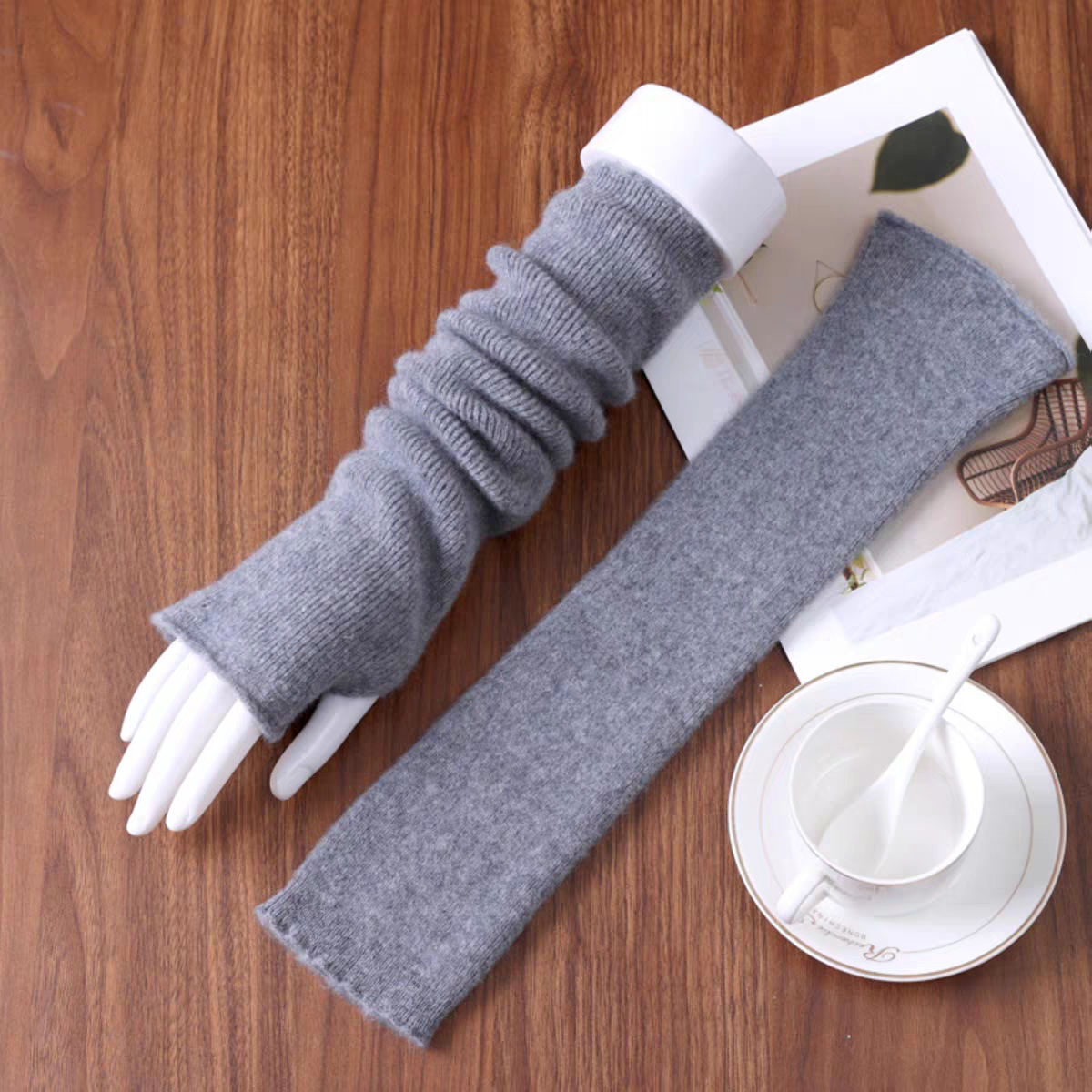 秋冬100%纯羊毛护手臂套假袖子女针织毛线长款半指手套护胳膊套袖