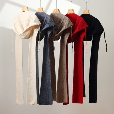 秋冬100%纯羊毛连帽围巾一体女针织假衣领打结披肩带帽围脖假领子