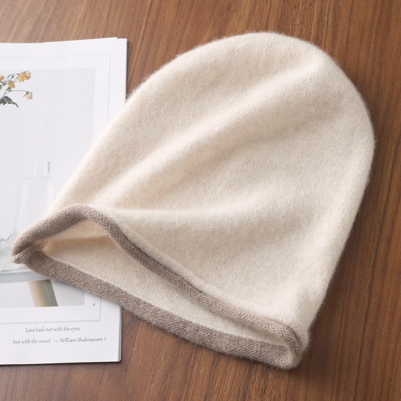 秋冬100%纯羊毛针织帽子男女卷边套头堆堆帽撞色慵懒风包头帽冷帽