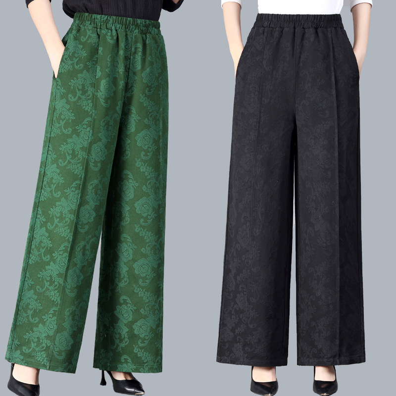 春秋款中老年棉麻阔腿裤女厚款民族风提花裙裤女士妈妈装纯棉长裤 - 虞之燕妈妈装靓衣企业店出品