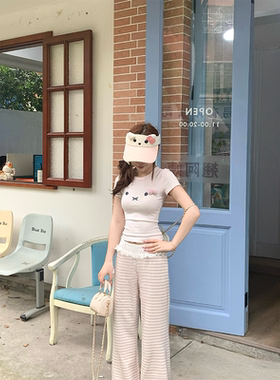 「小鸟自制」浅粉色卡通图案两种版型baby粉纯棉短袖t恤上衣～