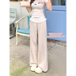 “遛弯条纹裤”夏日纯棉轻薄白粉色条纹蕾丝阔腿裤～