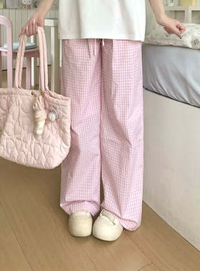 「小鸟自制」“纯棉粉格”夏日少女感浅粉色格子裤～遛弯透气裤～