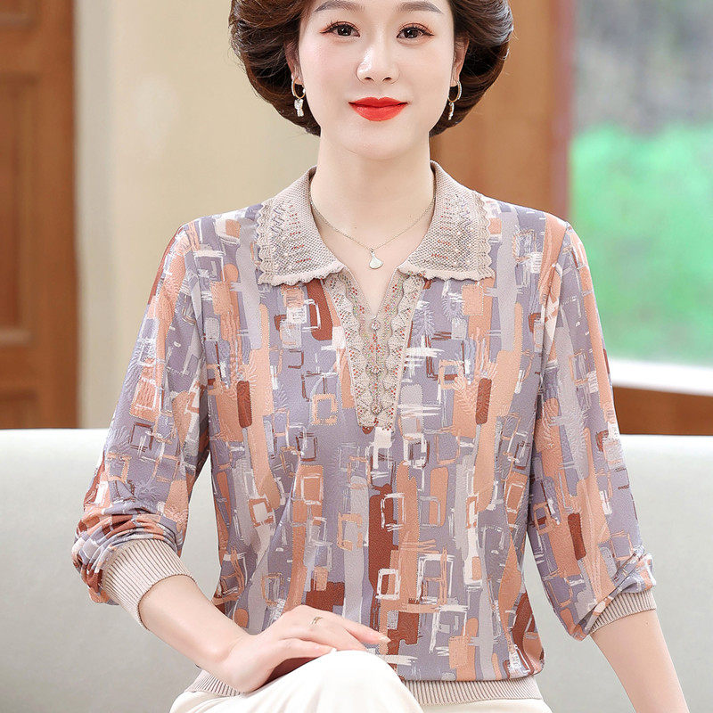 妈妈春秋夏季冰丝小衫洋气薄款长袖上衣服中老年女春装翻领打底衫