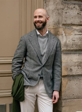 英伦复古羊毛人字纹西装外套