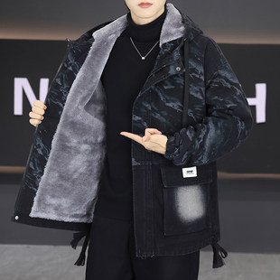 冬季棉衣中长款宽松加绒加厚男士牛仔派克服外套潮流连帽