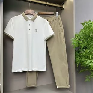 男士 翻领潮流polo衫 夏季 套装 简约男潮流一整套 休闲西裤 两件套时尚