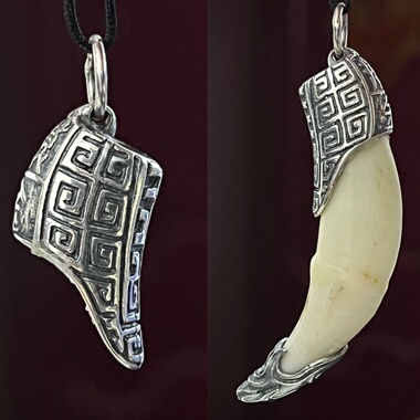 s925纯银鹿角套项链复古摸金符吊坠配件宝宝黑狗牙镶嵌银饰牙尖套