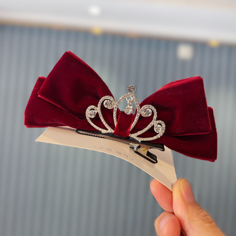 韩版立体蝴蝶结丝植绒皇冠发夹