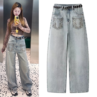 2026春季新品波嬉风铆钉腰带刺绣花纹口袋直筒休闲牛仔裤