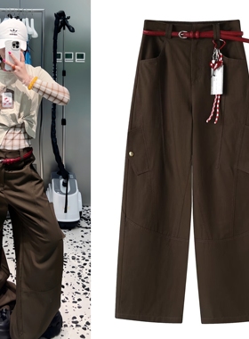 2025早秋新款美式复古辣妹工装裤女红色腰带爱心挂饰休闲阔腿裤