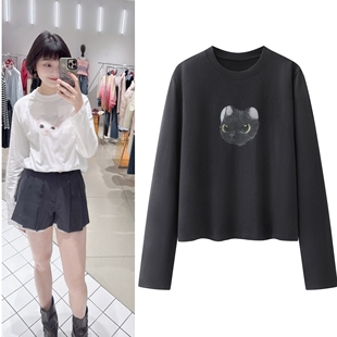 打底长袖T恤2026春季新款简约风可爱猫咪印花棉质圆领上衣女