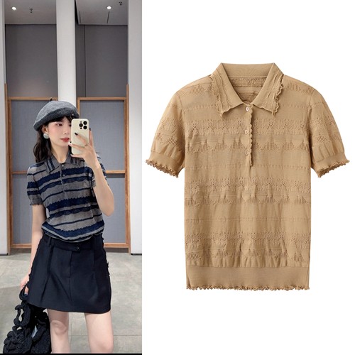 2026夏季新品短袖针织衫女复古花边条纹polo衫