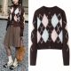 2025秋冬新款 可露丽菱格短款 针织开衫 女复古少女风撞色圆领小上衣