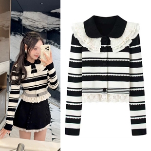 2026早春新品复古千金风洛可可花边黑白撞色条纹收腰短款针织开衫