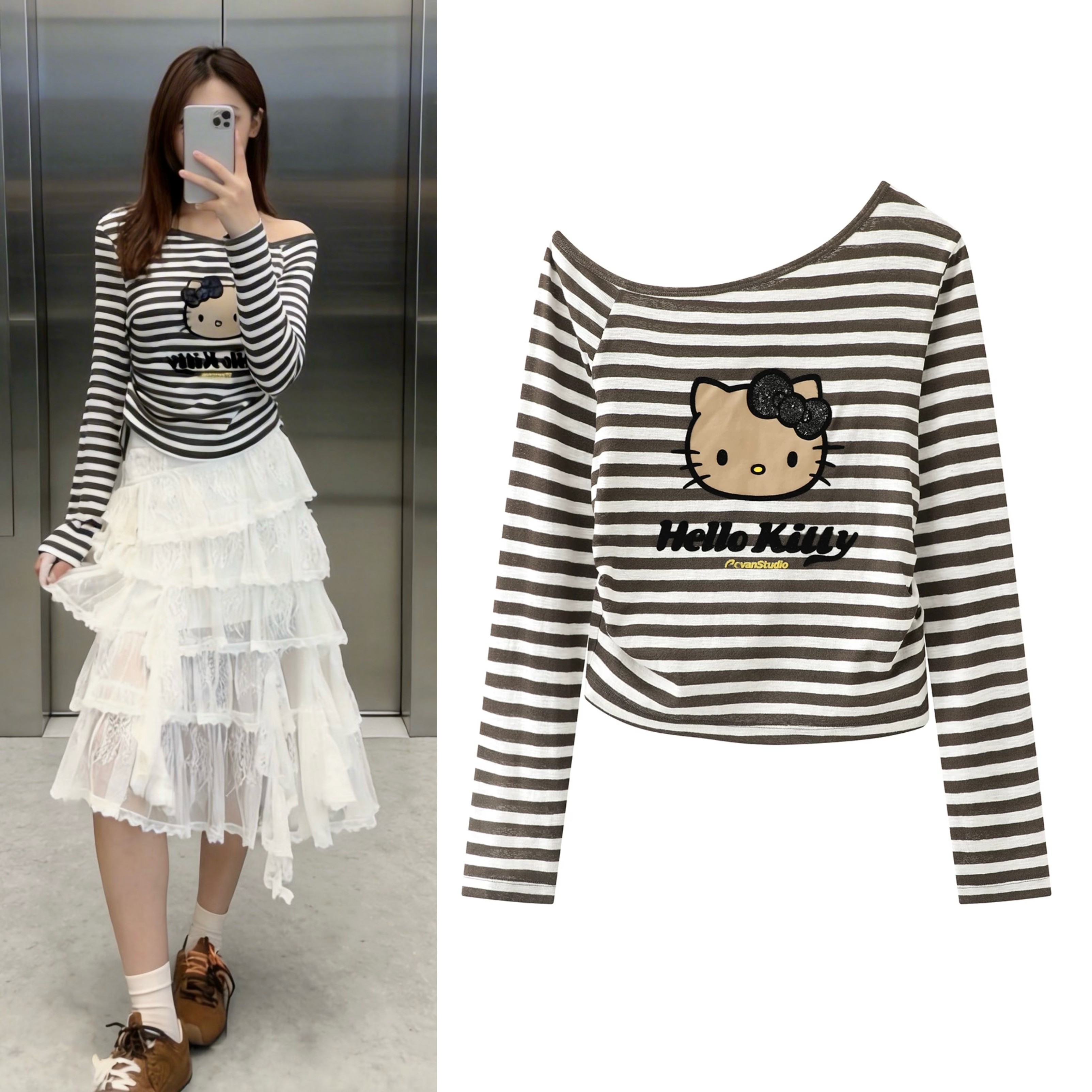 2026夏季新品甜酷风Kitty猫咖啡条纹小性感斜漏肩长袖T恤