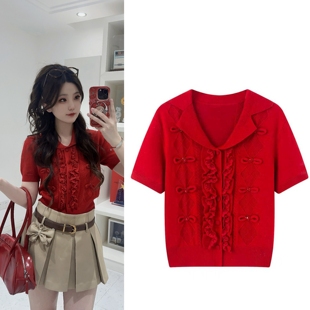 2026春季新款复古千金风钩花翻领蝴蝶结珠饰针织短袖开衫小上衣