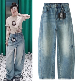 2025早秋新款复古珍珠链条猫咪印花水洗做旧弯刀牛仔裤女直筒阔腿