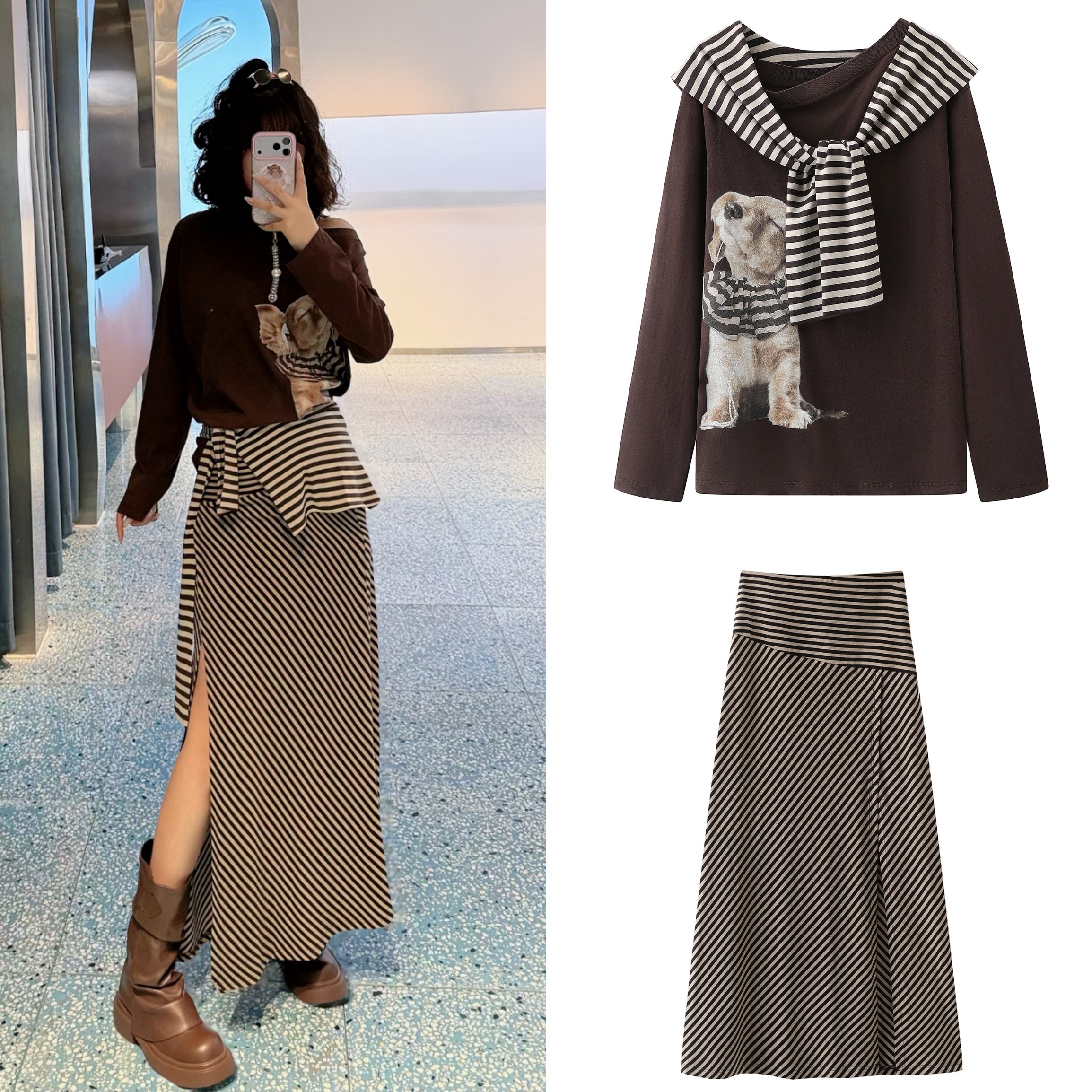 2026春夏新品俏皮狗狗印花露肩条纹披肩漏肩T恤长款开叉半裙套装